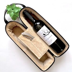 Black Leather Wine Bottle Case Bag Zippered Double Two Bottle Holder Padded